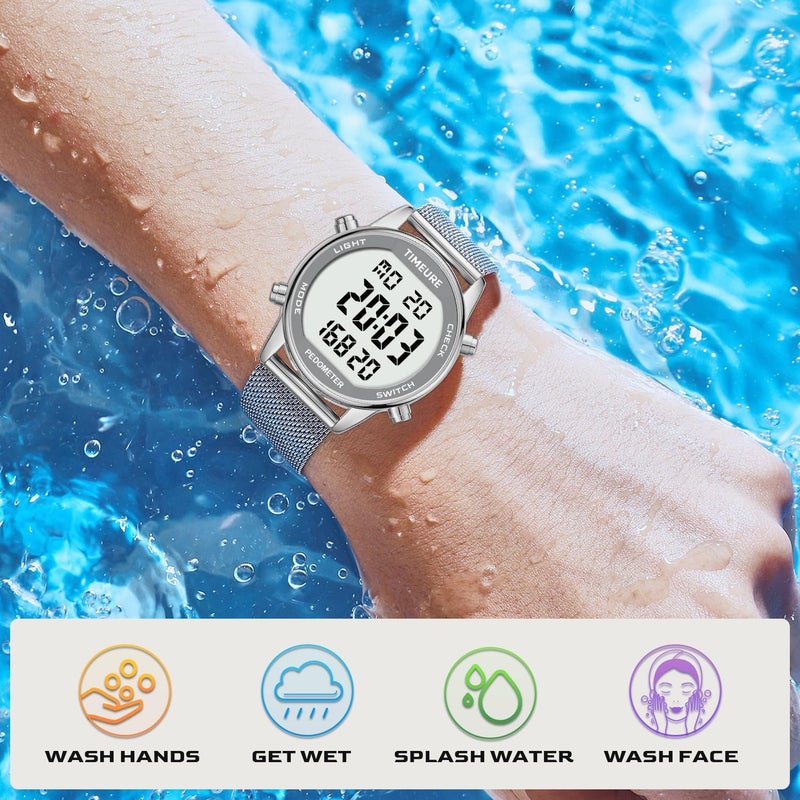 TIMEURE Women's Step Counter Pedometer Watch with Stainless Steel Bracelet, Stylish Design, No App, No Charging Needed for Step, Calorie, Distance, Alarm, Countdown Timer，TU-2401 - Image 5